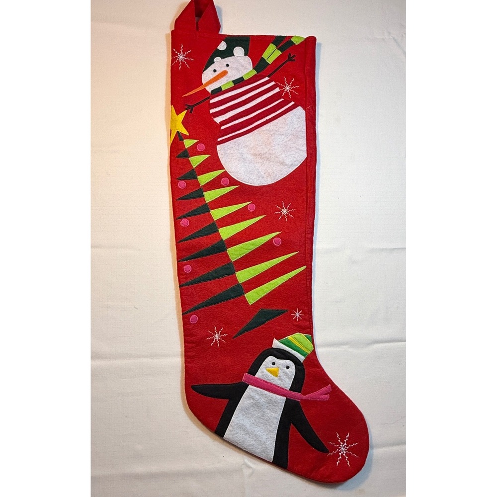 Christmas Stocking Red Felt Snowman Penguin Holiday Decoration 24‎ Inches